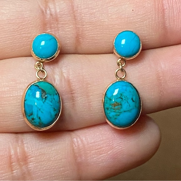 14K Yellow Gold Turquoise Earrings - Picture 1 of 8